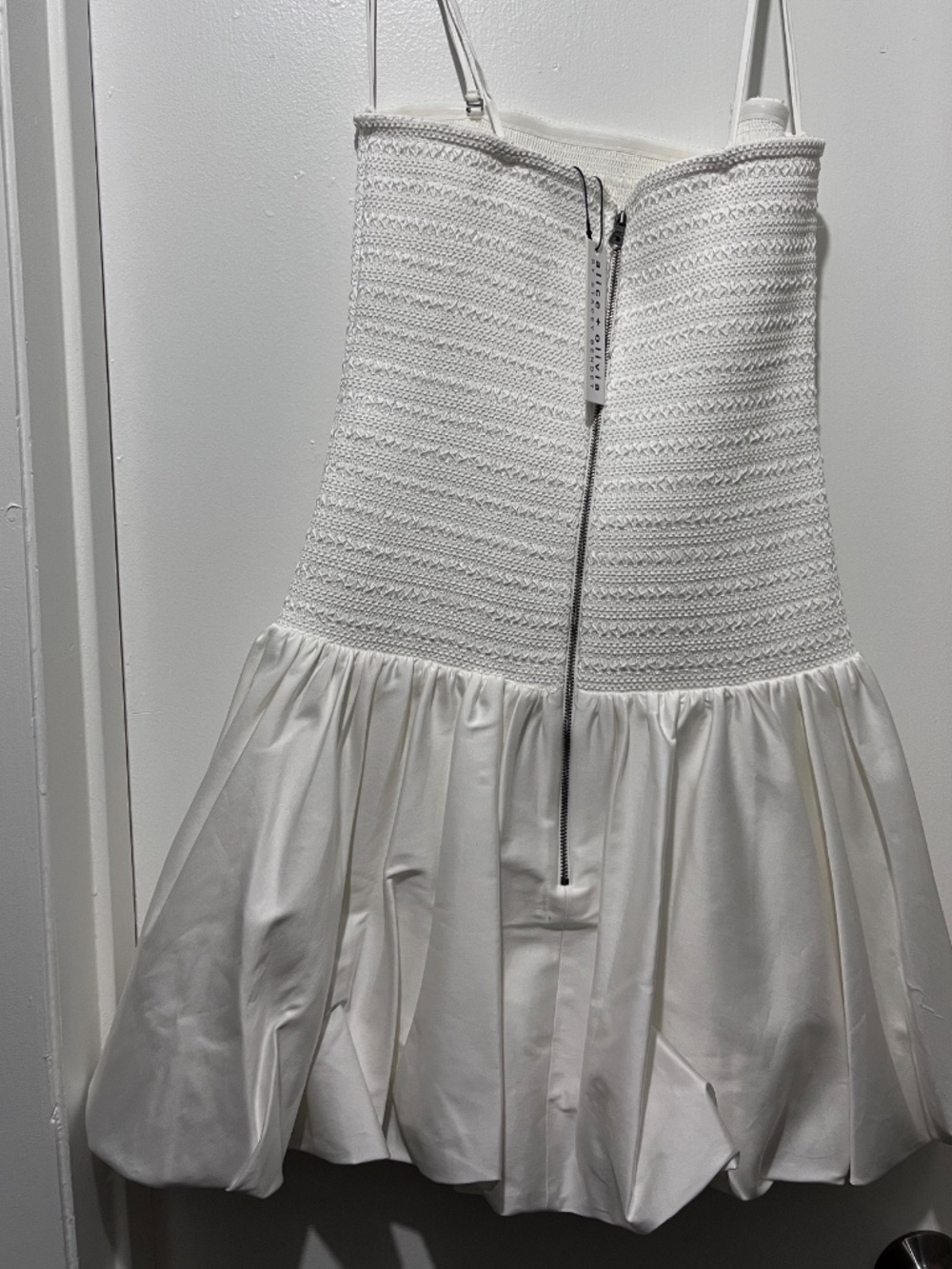 Alice and Olivia White Smocked Arden Bubble Hem Drop Waist Cocktail Mini Dress - Picture 3 of 4